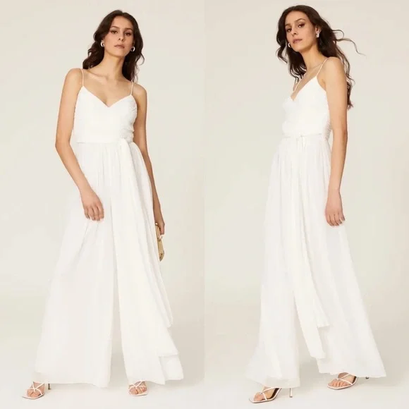 Ieena Mac Duggal Wide Leg Jumpsuit Flowy White Spring Summer Beach Coastal - Picture 2 of 4